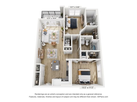Floor plan for 2 beds, 2 baths, 1128 sqft